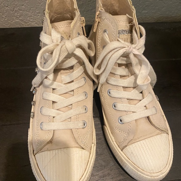 Zara Girls Hightop Lace-Up Side Zip Tennis Shoes w/Rhinestones Cream Color Cute! - Picture 7 of 14